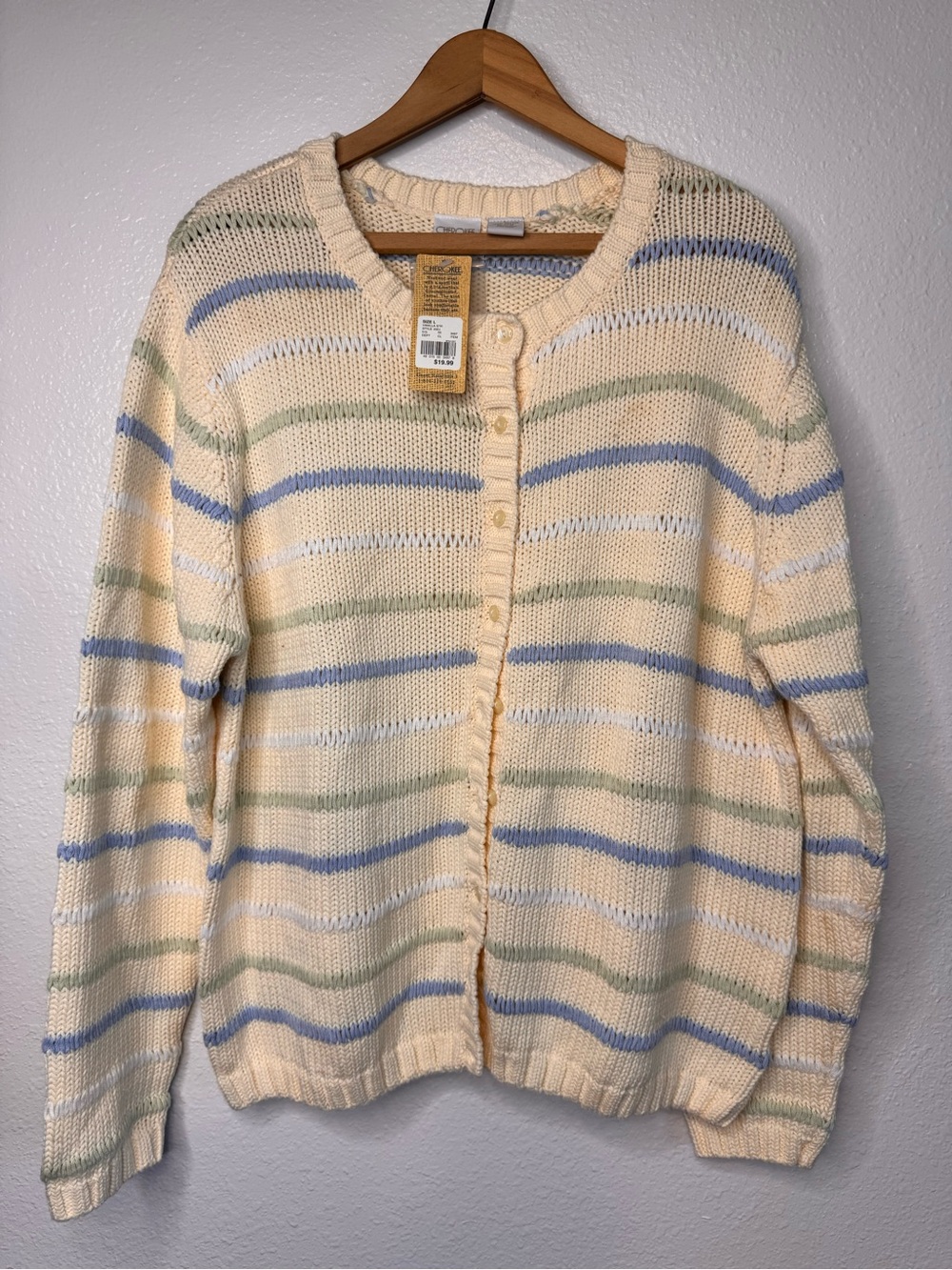 NWT L Cream Stripe Button Up Knit Cardigan Sweater Blue Green White